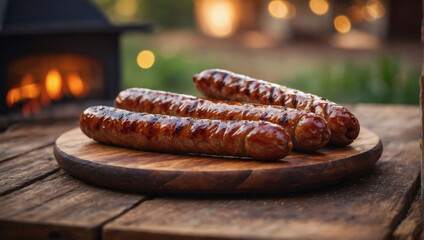 Rustic Charm, Grilled Homemade Sausages on a Wooden Table