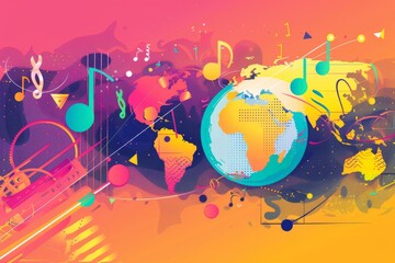 Colorful Background With Musical Notes and Globe
