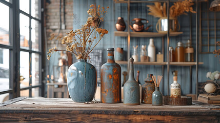 A photo of industrial-inspired decor elements, with exposed metals as the background, during an...
