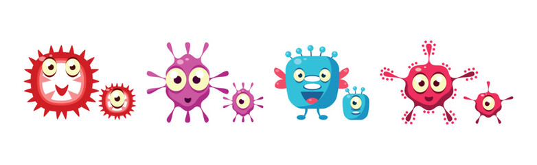 Bacteria and Microbes Characters with Funny Smiling Faces Vector Set