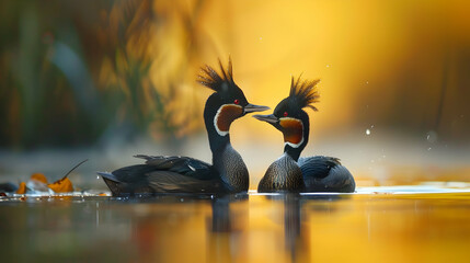 Podiceps cristatus floats on the water and doing pre-wedding dance - Powered by Adobe