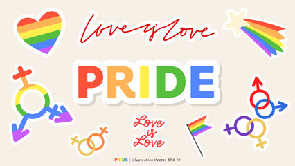 Pride month stickers set on cream color background, LGBT flat style symbols with pride flags, gender signs, retro rainbow, LGBT pride community Symbols, Vector set of LGBTQ, Vector illustration EPS 10