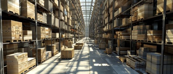Fototapeta premium Warehouse aisle filled with stacked boxes and pallets.