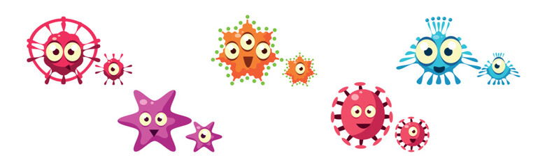 Bacteria and Microbes Characters with Funny Smiling Faces Vector Set