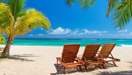 Bright tropical beach with wooden chairs in perspective view