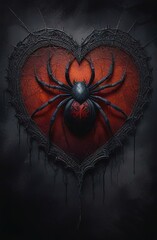 ominous black spider on dark red heart with lace-like web and thorns against dark background. concepts: Halloween, horror, Gothic culture, spooky storytelling, cover art for horror or gothic genre 