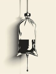 Artistic black and white illustration of an intravenous (IV) bag with fluid, hanging against a light shadowed wall.