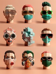 A collection of nine 3D rendered faces, each uniquely designed with colorful accessories like sunglasses and masks on a peach background.
