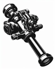 A striking black and white artistic rendering of a fire hose nozzle, detailed and bold, highlighting industrial design.