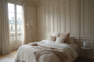 Parisian flat bedroom with minimalist design in soft pastel tones, daylight enhancing the understated elegance and tranquil ambiance.