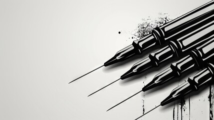 Artistic black and white illustration showing a dynamic array of fountain pens with ink splatters, emphasizing motion and creativity.