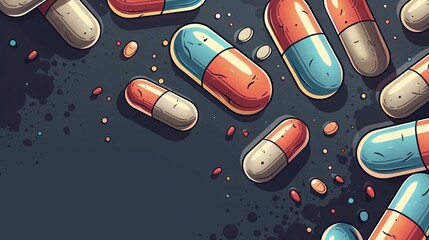 Artistic illustration of colorful capsules and pills scattered across a dark, speckled background, emphasizing pharmaceutical themes.