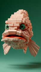 3D illustration of a pink and green fish made of blocks.