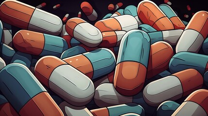 Vibrant digital illustration of a multitude of pills and capsules in various sizes and colors, highlighting pharmaceutical diversity.