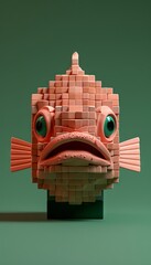 3D illustration of a pink and green fish made of blocks