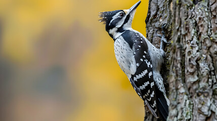 Three-toed woodpecker Picoides tridactylus on a tree looking for food - Powered by Adobe