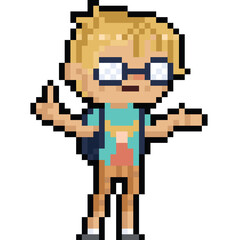 Pixel art cartoon talking nerd boy character