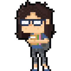 Pixel art cartoon nerd girl character holding a lot of book