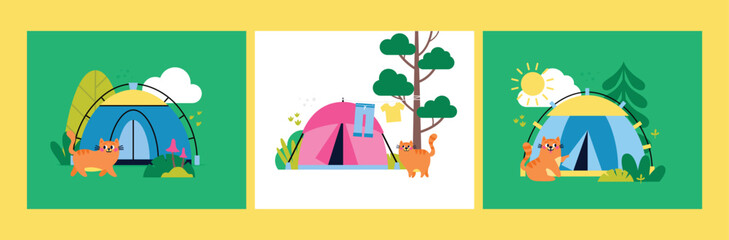 Naklejka premium Set of vector greeting cards. Colorful cartoon campers RV. Road home Trailers. Camping caravan cars. Mobile home for country and nature vacation.