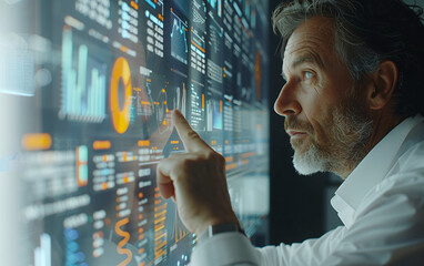 Confident male professional surrounded by high-tech digital data visualizations, showcasing futuristic technology and analytics in a corporate setting