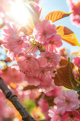 with sakura flowers of pink color on sunny backdrop