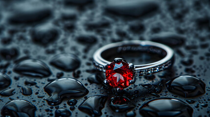 wedding ring with red gemstone on black background with water drops