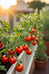 Close-up of ripe red growing tomato berries on branch in the city sunset. Vegetable garden in...