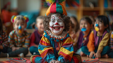Fototapeta na wymiar Children in Clown Costumes Sitting on Floor