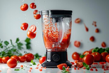 Closeup of a blender in action with tomatoes, emphasizing the dynamic motion of red puree, white backdrop