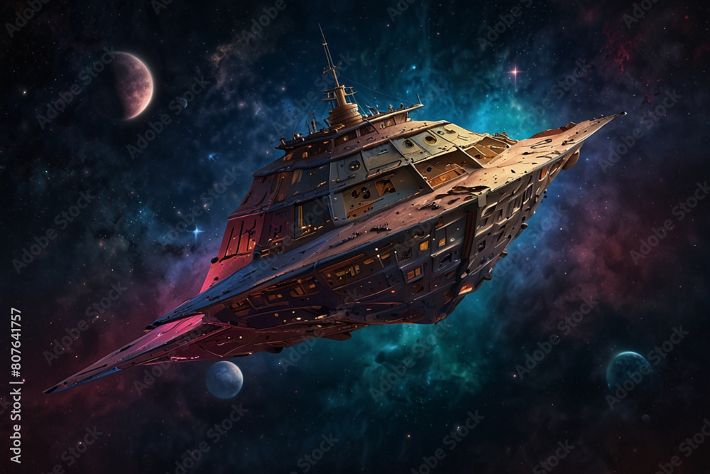 Canvas Prints mystical spaceship and planets in the dark sky of the universe