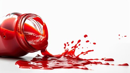 Dynamic image of tomato sauce spilling from an overturned jar, vibrant red against a stark white background