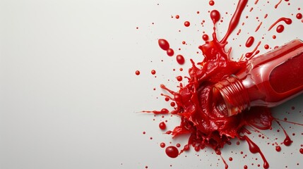 Dynamic image of tomato sauce spilling from an overturned jar, vibrant red against a stark white background