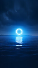 Glowing blue neon ring floating on water