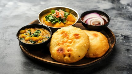 Variety of exotic curry pastes and flat bread, top view.