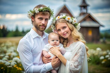 All-Russian day of family, love, fidelity. A man and a woman with daisies with a baby in their arms against the background of an Orthodox church. Valentine's Day of Peter and Fevronia.