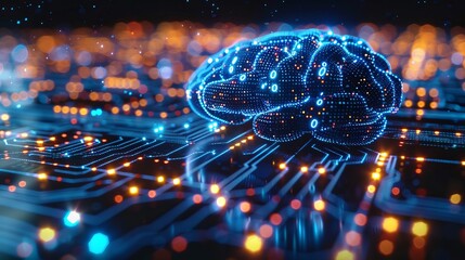 An abstract blue color wireframe brain connects to a circuit electronic graphic and binary code background with the words machine learning, artificial intelligence, and deep learning.