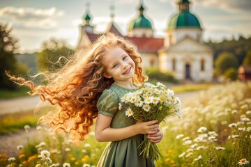 All-Russian day of family, love, fidelity. A beautiful little curly-haired girl with a bouquet of daisies on the background of an Orthodox church. Valentine's Day of Peter and Fevronia. - obrazy, fototapety, plakaty