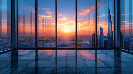 A modern office boasts a floor-to-ceiling window offering a breathtaking view of the sunset over the city skyline, showcasing architectural beauty and evening allure.