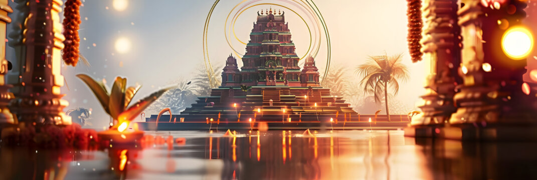 Illustration for tamil new year with temple and symbols.