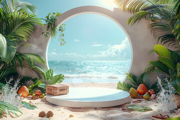 Empty stylish beach podium 3D mockup background for beauty product presentation concept. Summer copy space platform surrounded by palm leaves . Cosmetics, perfume or home goods sales advertising stand
