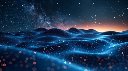 An abstract futuristic digital landscape with dots, stars, and a computer geometric file connection structure. A futuristic abstract grid. Artificial intelligence. - obrazy, fototapety, plakaty