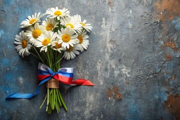 All-Russian day of family, love, fidelity. Daisies, a bouquet of daisies and a ribbon tricolor of Russia. Valentine's Day of Peter and Fevronia.