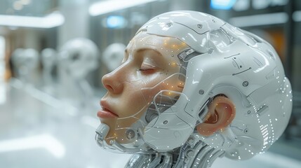 The creation of a digital interface 3D rendering is made possible by a cyborg head using artificial intelligence