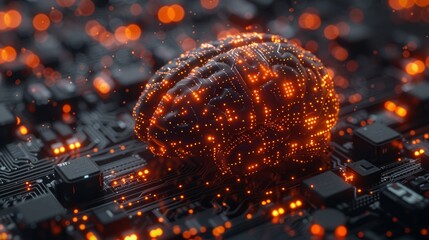 AI circuit board brain on learning process. Futuristic design concept. Abstract digital and technology background. Modern illustration.