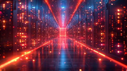 The corridor of a working data center with rack servers and supercomputers with an Internet connection visualisation projection