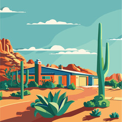 A house is in the middle of a desert with a cactus next to it. The house is painted in bright colors and has a garage. The desert landscape is dry and barren, with no signs of life