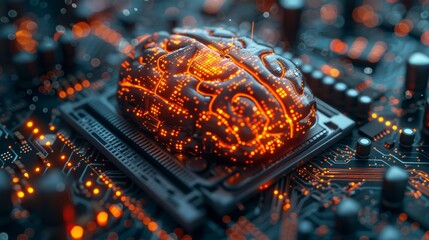 An artificial Intelligence digital brain will be on a motherboard computer. Binary data. AI brain. Futuristic innovative technology in science. - obrazy, fototapety, plakaty