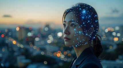 Female Asian businesswoman wearing a formal suit working on computer and laptop of polygonal brain shape of artificial intelligence with various icons of smart city Internet of Things, AI and