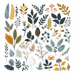 Colorful Hand-Drawn Botanical Illustrations Set on White Background