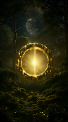 Fototapeta premium There is a huge golden halo in the center that hangs above the trees and vines